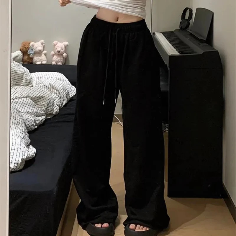 Pantalon de survêtement à jambe large pour les femmes pantalons sportifs décontractés de taille élastique femme gris oversize sportwear femelle 2