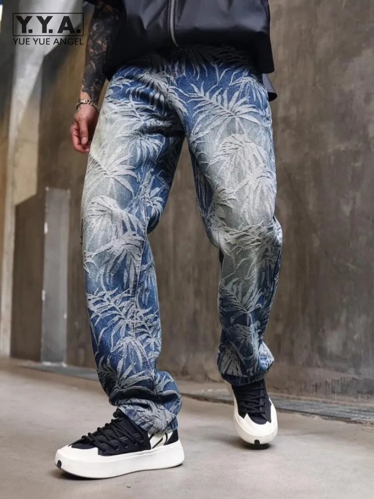 Hip Hop Vintage Mens Jeans Loose Fit Straight Trousers High Street Spring Autumn Men Printed Casual Denim Pants 250818