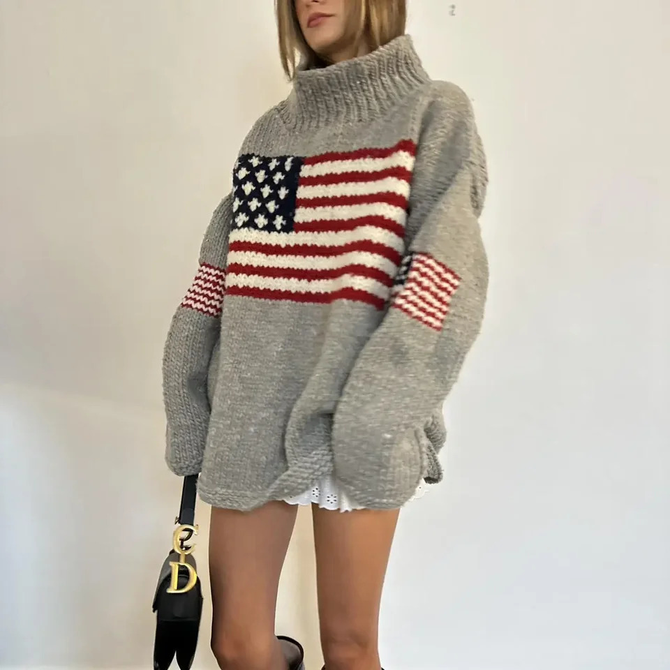 autumn and winter womens loose sweater leisure flag knitted pattern turtleneck long sleeve sweater knitted fashion sweater 250819