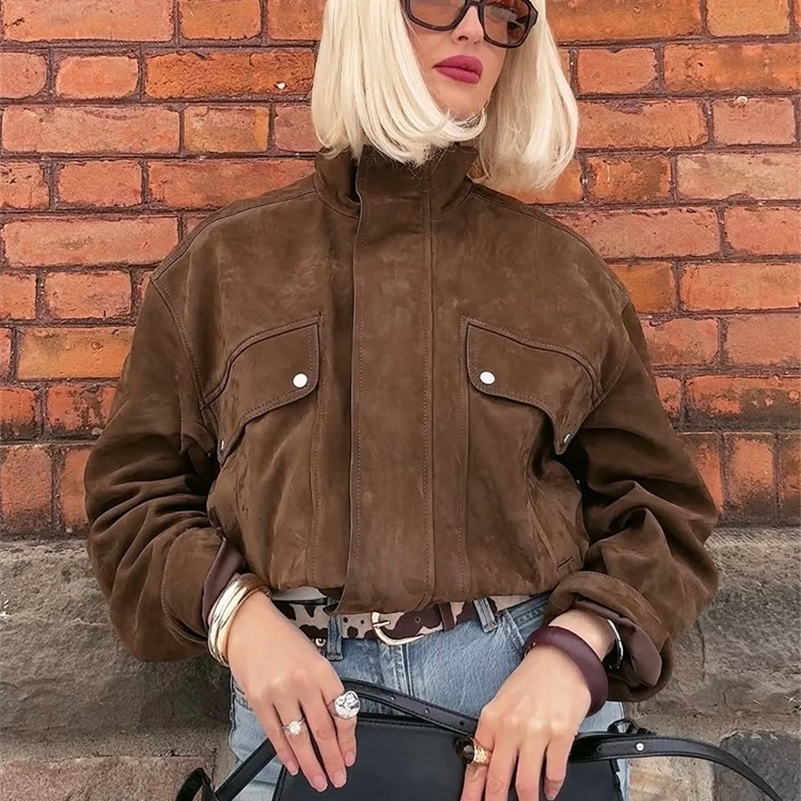 Vintage Brown Womens Suede Jacket Women Zipper Long Sleeve Pocket Loose Short Bomber Coat 2025 Spring Lady High Street Outwear 250818