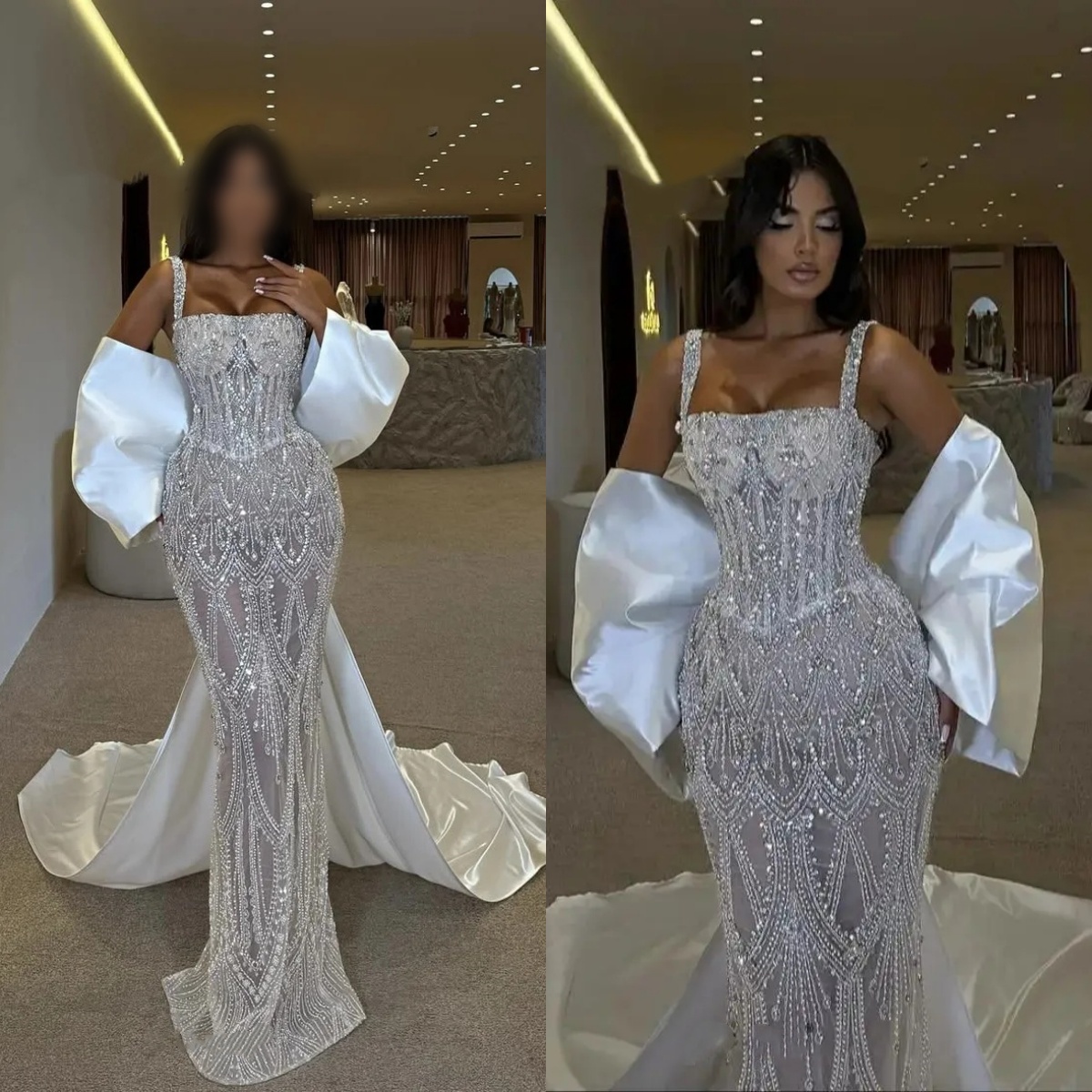 Fashion Mermaid Wedding Dresses For Women Spaghetti Straps Wrap Gown Sequins Lace Sweep Train Customized Dress