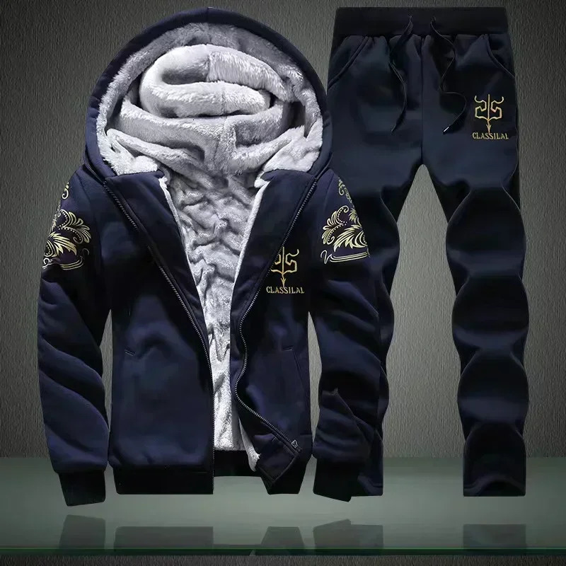 Winter Thick Men Sports Suit Tracksuit Hooded Sportswear Zipper Cardigan Woolen Trousers Pants Casual Set 250818