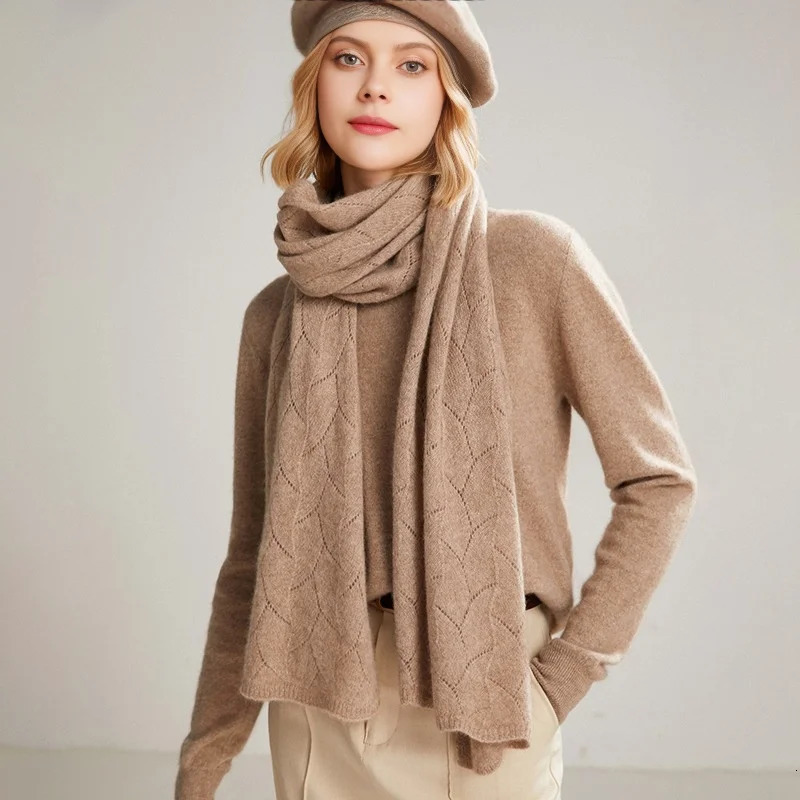 100% Wool Scarf Women Winter Solid Knitted Hollow Out Shawl Fashion Scarves Capes Warm Wraps Lady Cashmere Like Neckerchief 250814