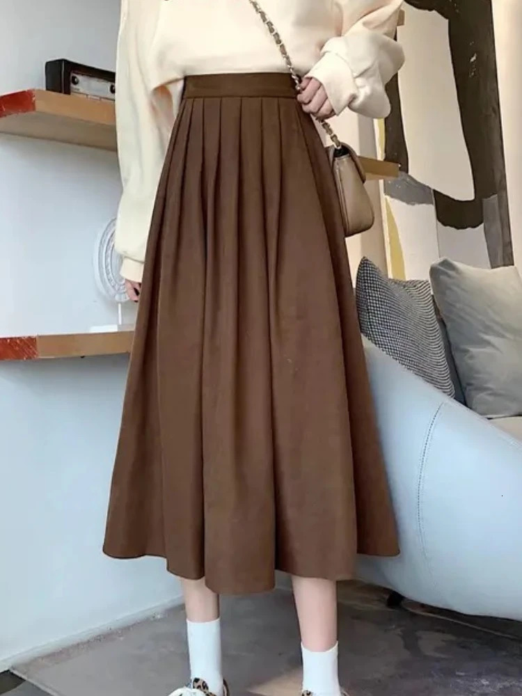 Jupes plissées Femmes vintage brun hauteur taille coréenne de mode coréenne collège gothique jupe longue dames automne décontractée une ligne y2k