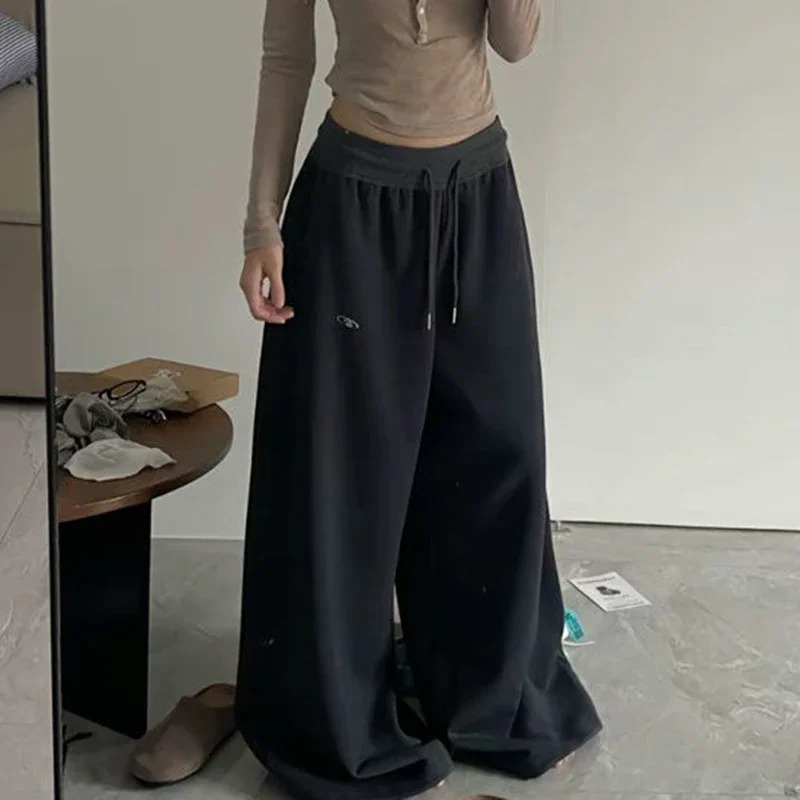 Y2K Vintage Baggy Papant de survêtement Femmes Automne coréen Pantalon de jambe large lâche Streetwear Casual Zipper Fly Female Pantalon 250819