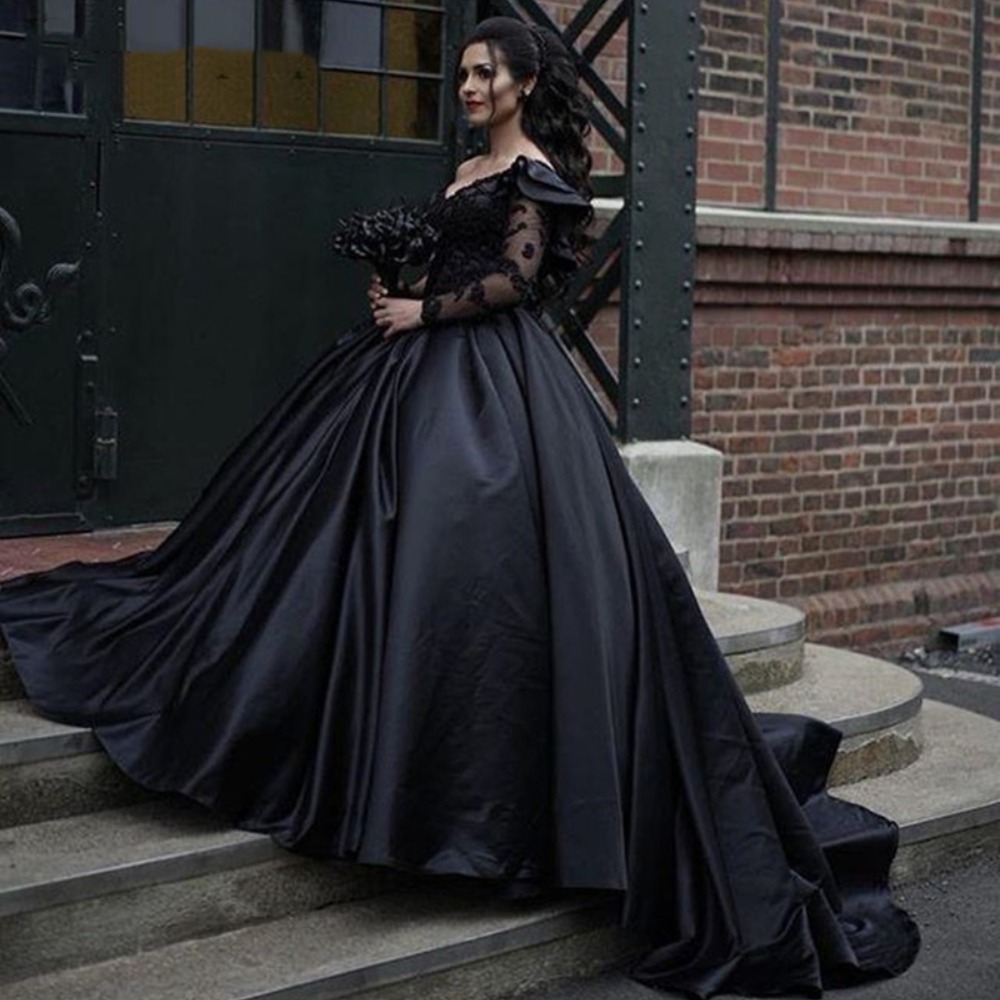 Black Gothic Wedding Dresses One Shoulder Sleeves Appliques Ruffles A-line Bridal Gown Sweep Train Princess Custom Made Color/Size