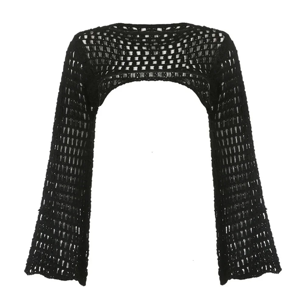 Femmes Y2K Crochet Knit Hollow Out Crop Top Long Fared Sleve Sharg Pull Mesh Cover Ups Cardigan Streetwear Pullover Femmes 250818