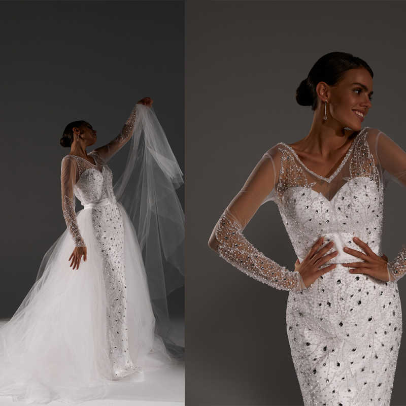 Robes de mariée de sirène de luxe pour femmes V couche à manches longues paillettes de robe en cristal détachement