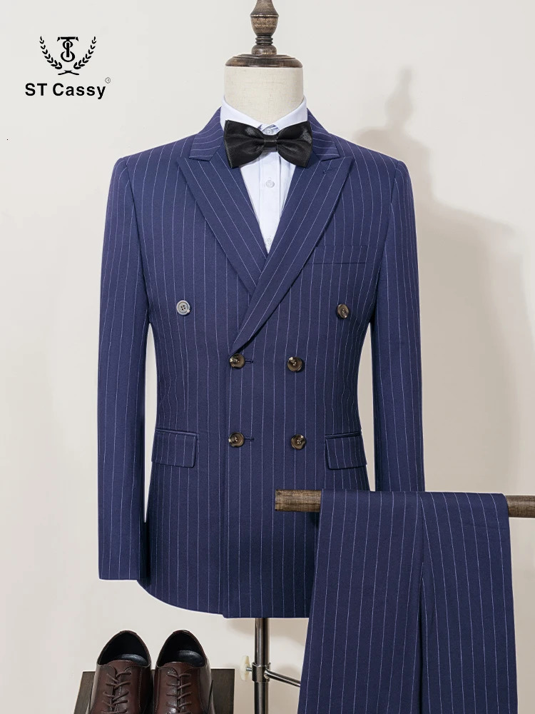 ST Cassy High quality blue striped suits for men slim fitting man clothing elegant mens suit Wedding trends costumes 250811