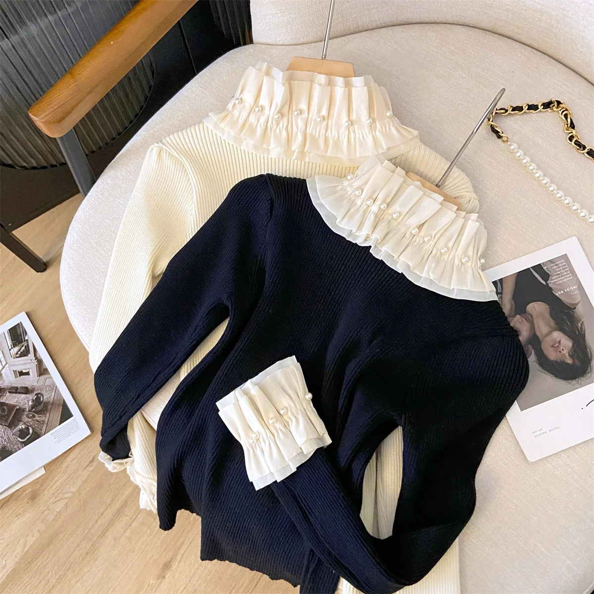 French Style Vintage Women Elasitc Standup Collar Long Sleeve Knitted Pullover Beading Ruffles Patchwork Sweaters Tops 2026 250818