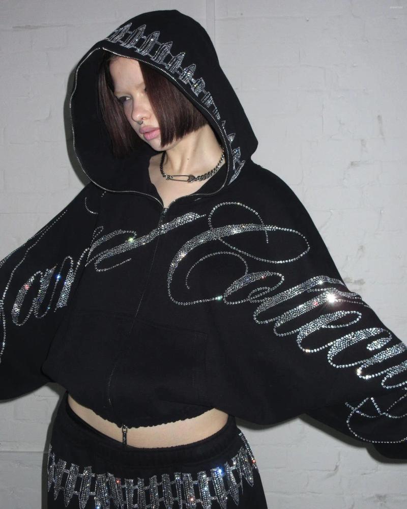 Women's Hoodies Hip Hop Letters Shine Rhinestone Oversized Zipper Hoodie Sweatshirt Casual Jacket Vintage 2000s Cropped Womens