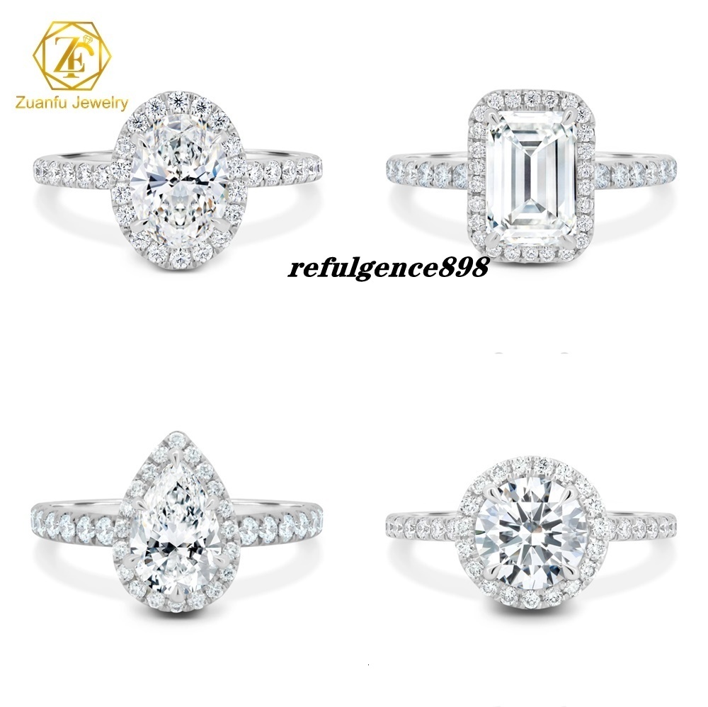 Zuanfojewelry Halo Engagement et anneaux de bande de mariage 925 Anneau en argent sterling vvs Round Oval Emerald Pear Forme Moisanite Ring