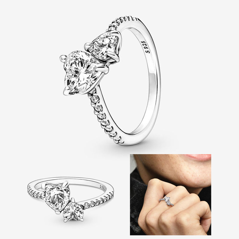 Double Heart Sparkling Ring 100% 925 Sterling Silver RING for PAN Designer Jewelry Women Gift Luxury Diamond Crown rings with Original Box set