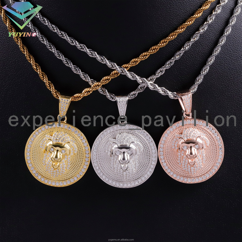 Hip Hop Fashion Animal Jewelry VVS Moissanite 925 Silver Iced Out Lion Head Pendant Cuban Necklace