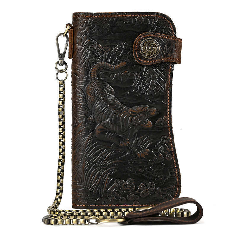 New Men's Genuine Long Crazy Horse Leather Dragon Pattern Iron Chain Anti-theft RFID Anti-magnetic Business Wallet