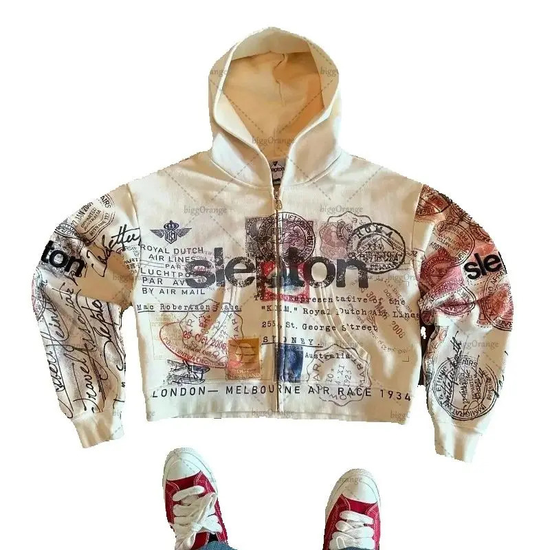 American Retro Letter Print Y2K Zipper Hoodie Women Trendy Casual Oversized Sweatshirt Men Hip-hop Punk Harajuku Streetwear 250818BJ