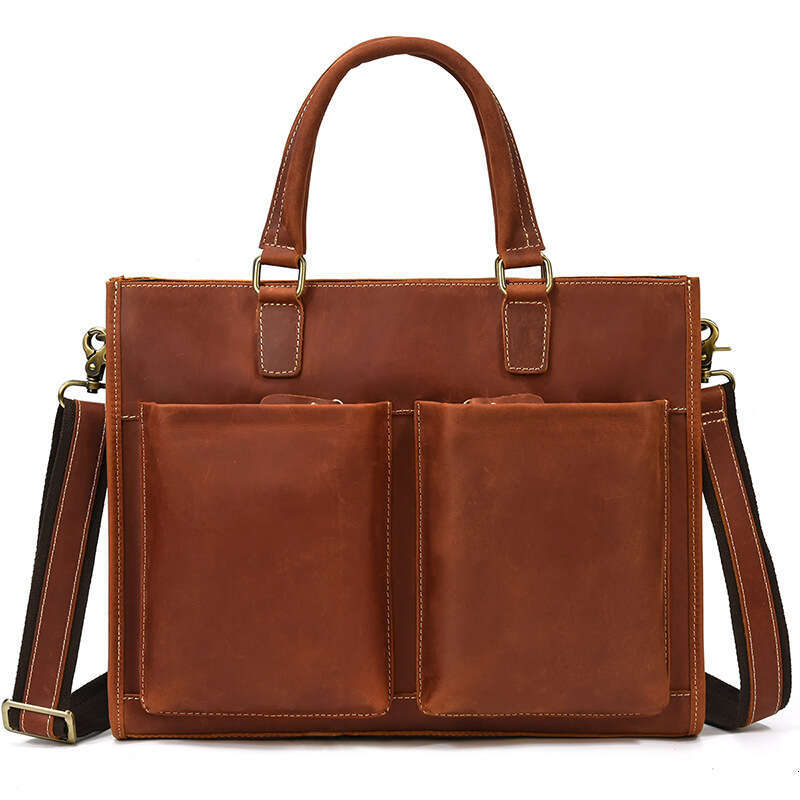 Crazy Horse Men's Genuine Leather Briefcase Cowhide Handbag 14inch Laptop Shoulder Bag