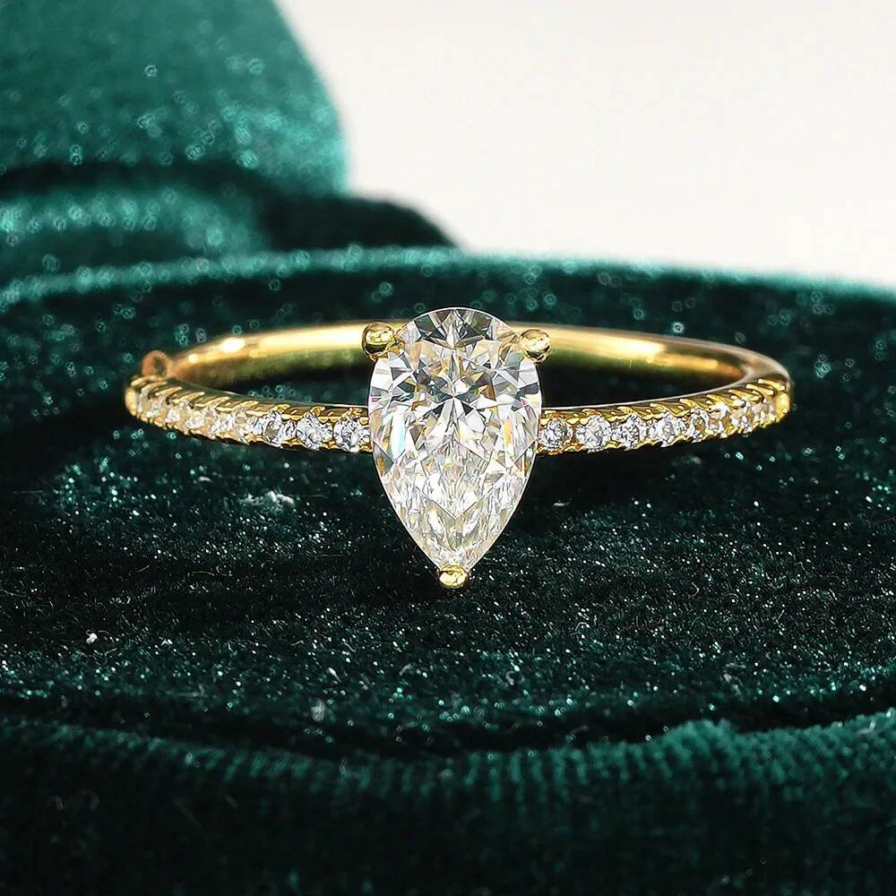 Luxury 100% Real 18k Gold Ring Womens Drops Set Ring Pear-Shaped Moissanite Diamond Ring
