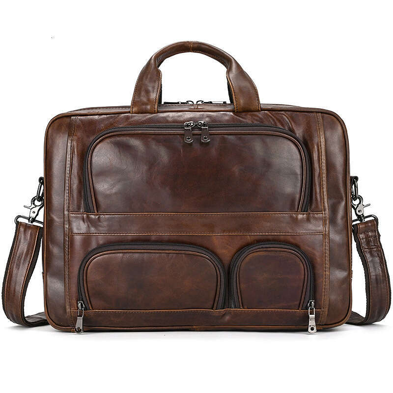 Genuine Leather Briefcase Men's Large Capacity Cowhide Business Handbag Commuter Three-Layer Office Shoulder Bag