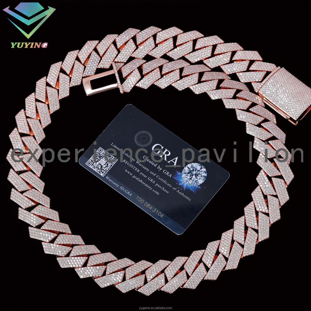 Heavy 4Rows 24MM Square Links Stable Moissanite Chain S925 Rose Gold Plated VVS Diamond Cuban Link Chain Necklace