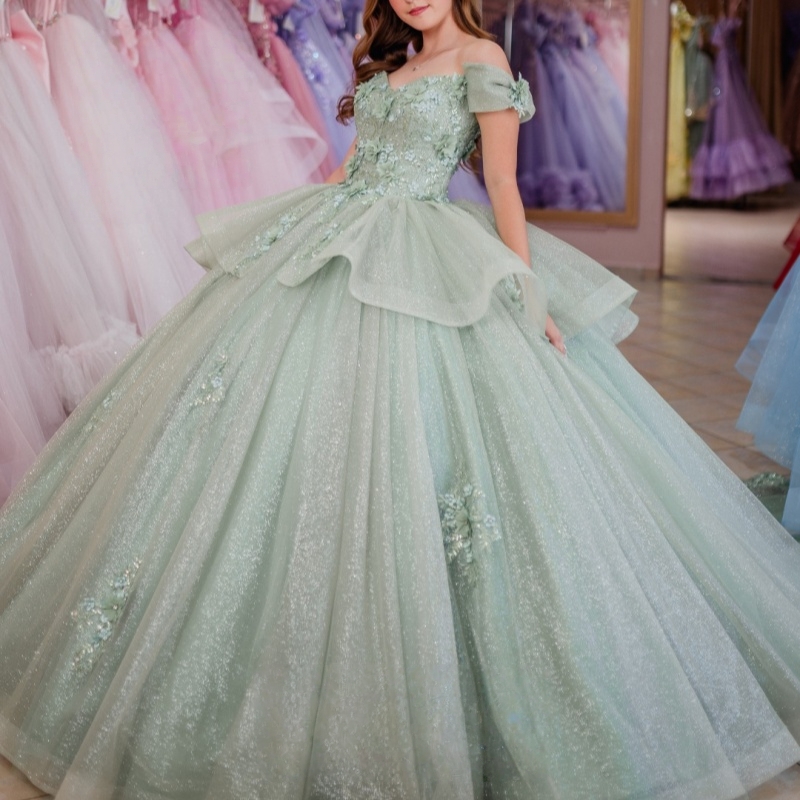 Green vert brillant princesse douce 16 robe robe quinceanera robes appliques en dentelle perle tull fête anniversaire vestidos 15 de anos