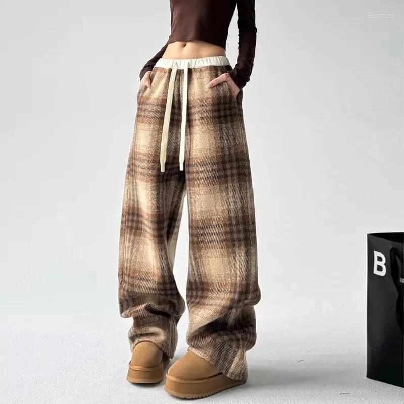 Women's Pants Faux Wool Plaid For Women Autumn Winter Thick Warm Loose Wide Leg Y2K High Waist Streetwear All Match Straight