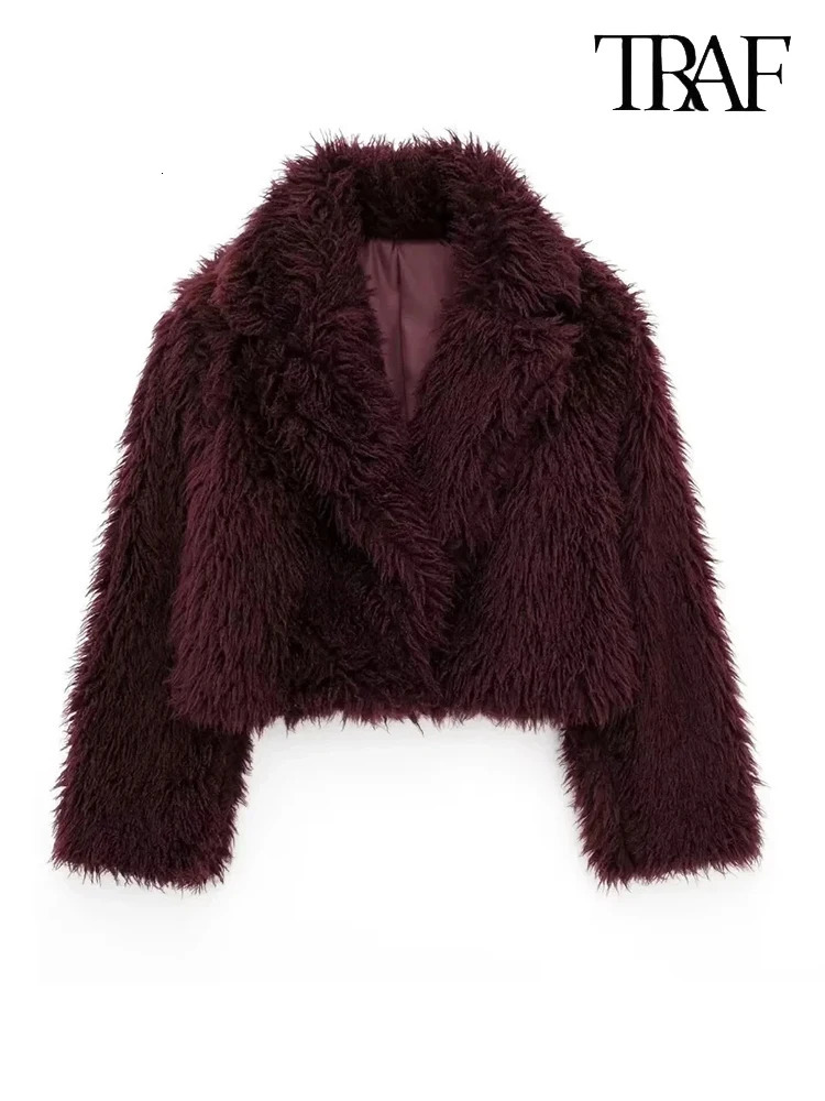 TRAF Womens Fashion Autumn and Winter Vintage Burgundy Faux Fur Short Coat Thickened Warm Lapel 250820
