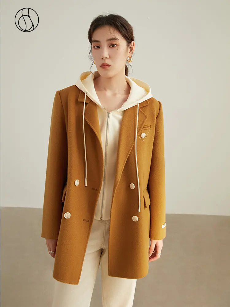 DUSHU Women 100% Wool Straight Blazers Winter Double Breasted Woolen Jacket Back Slanted Slit DoubleSided Suit 250820