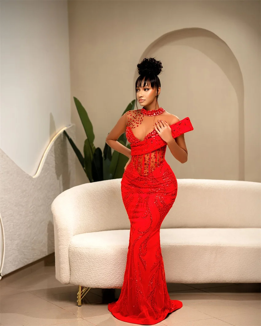 Elegant Red Evening Dresses 2025 Bead Crystals See-Thru Party Dresses Woman Birthday Gown Gown Long Sleeves Customized
