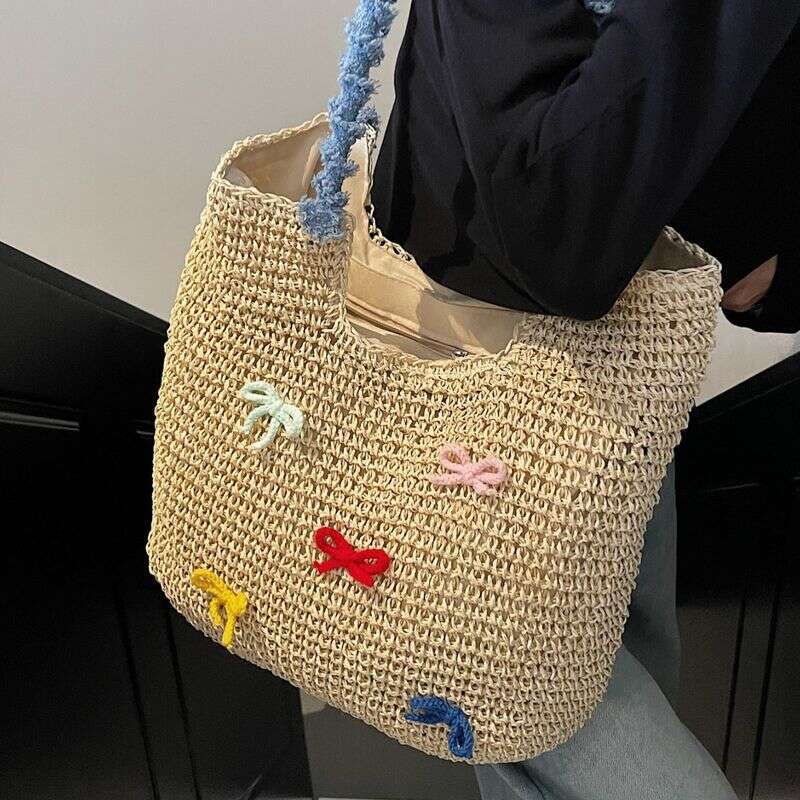 OLOEY Woven Lazy Straw Women's Bow Beach Large Capacity Casual Shoulder Tote Bag