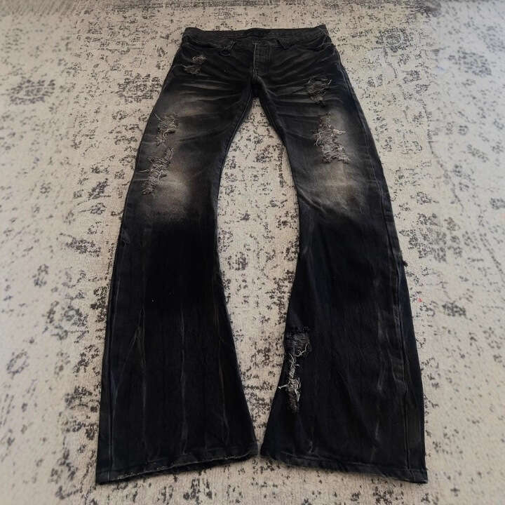 American High Street lavage lavé Jeans évasé en détresse Y2k Unisexe Dark Gothic B5