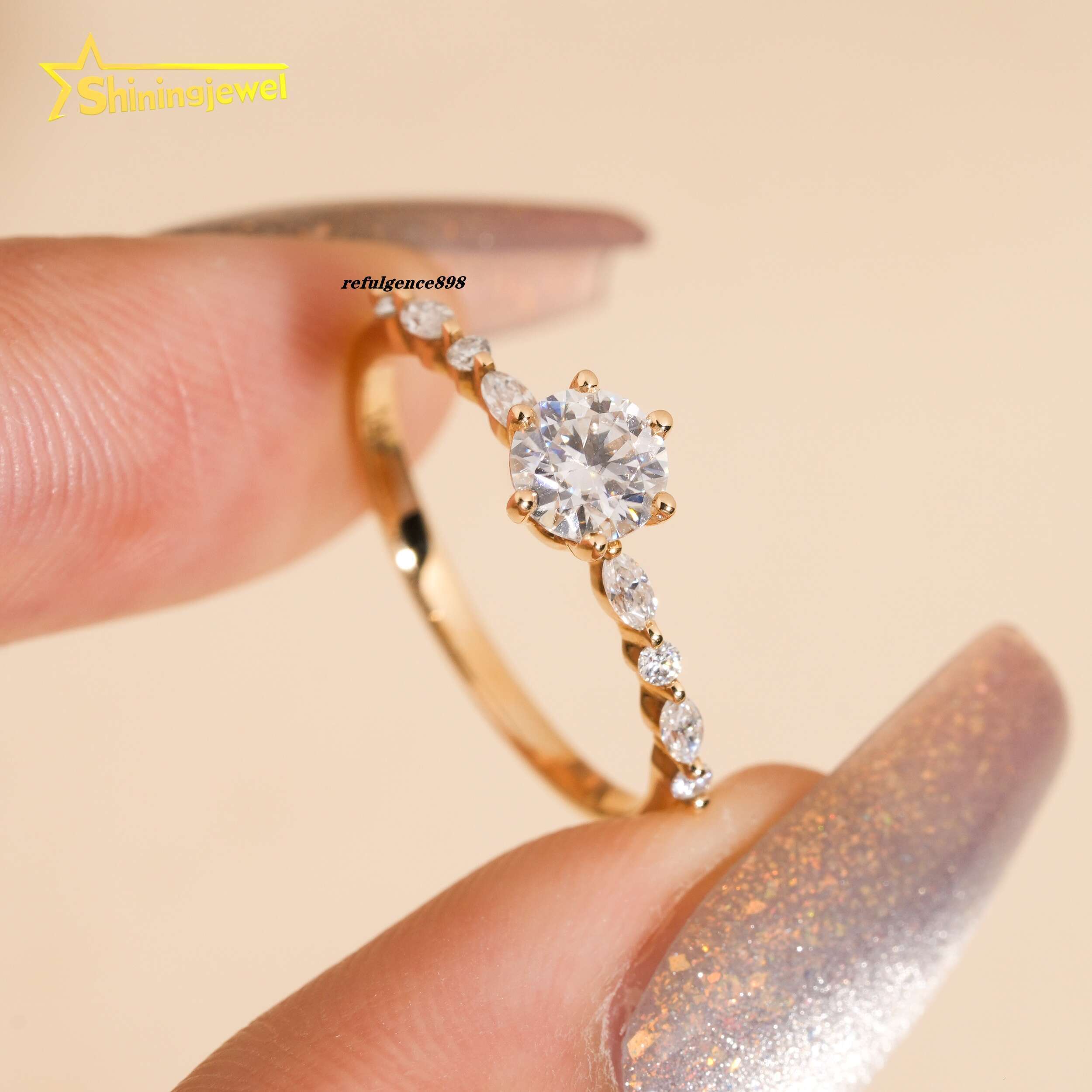 14K Solid Gold Fashion Women Ring Round Cut Moissanite Engagement Rings for Women Pass Diamond Tester