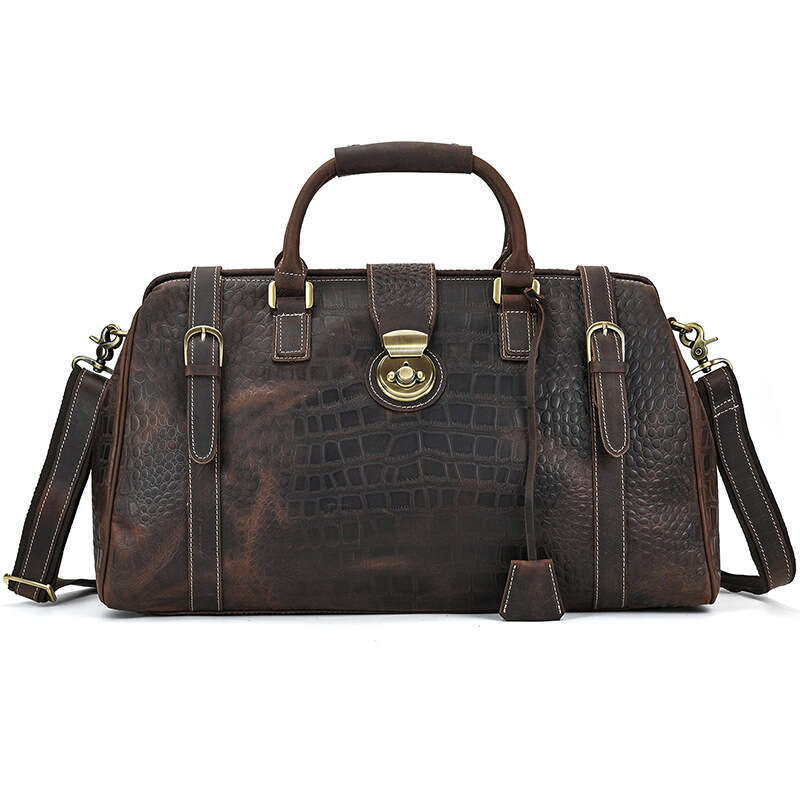 Men's Genuine Crocodile Pattern Travel Large Capacity Lockable Shoulder Crossbody Crazy Horse Leather Handbag Luggage Bag