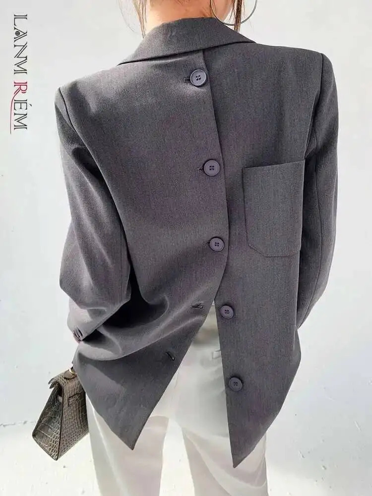 Blazer de bouton arrière Lanmrem er Back pour femmes gris à manches longues manteau femelle 2025 Clothing printemps250820