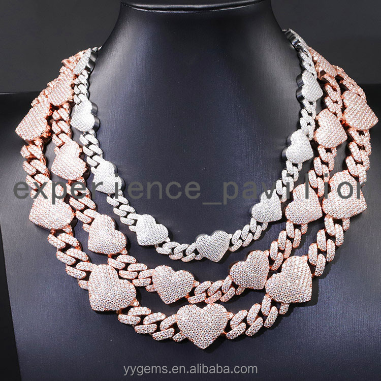 Pass Diamond test GRA Moissanite Diamond Heart Shape Silver Cuban Link Chain for Men Hip Hop Necklace