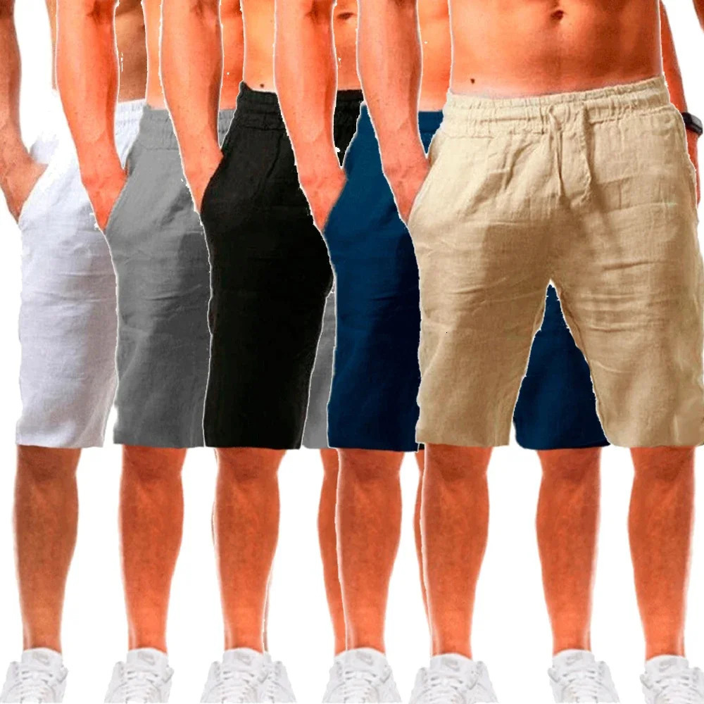 Mens Cotton Linen Shorts Summer Solid Color Breathable Fashion Male Casual Elastic Waist Loose Short Pants 250813