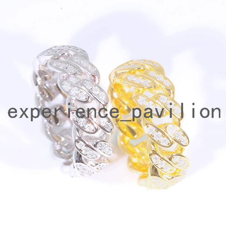 Fashion Cuban Link Style Single Row Moissanite 925 Silver Gold Plated Ring Hip Hop Jewelry Men Ring