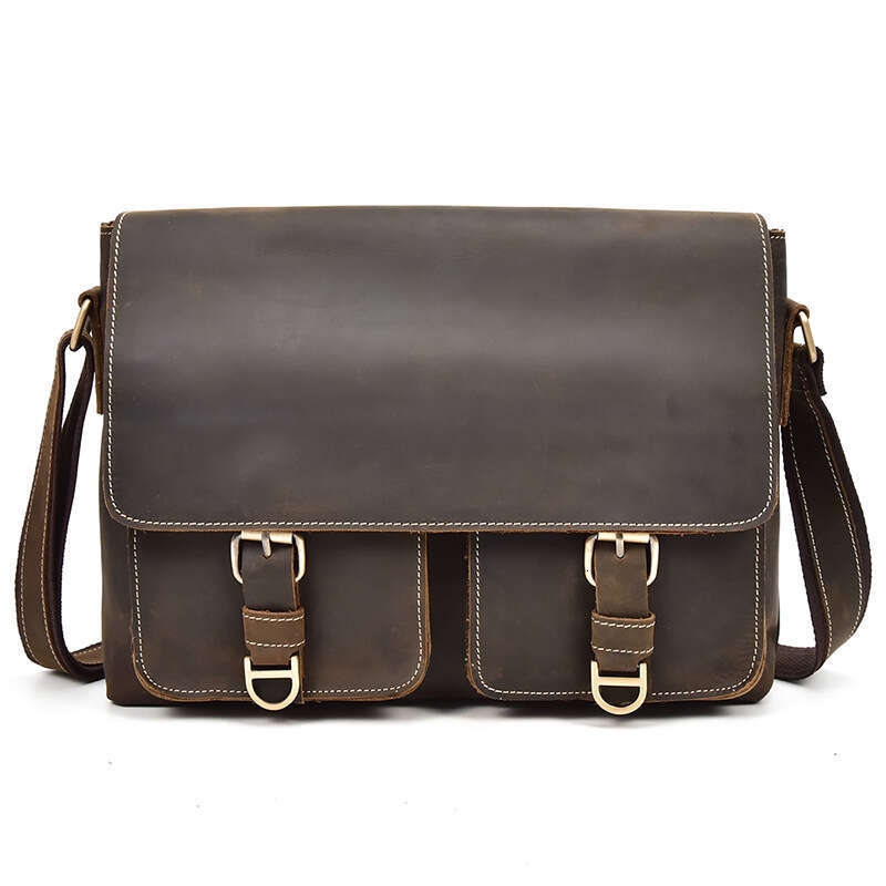 Genuine Crazy Horse Leather Flap Shoulder Crossbody Large Capacity Messenger Men's Bag