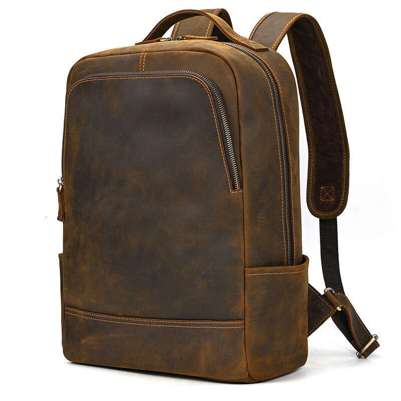 Men's Genuine Crazy Horse Leather Business Laptop Bag Large Capacity Backpack
