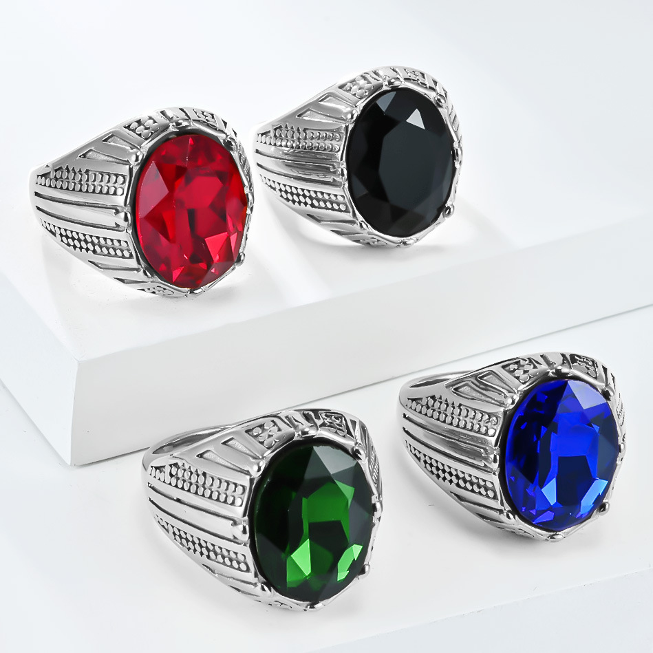 Hip Hop Colorful Stones Casting Ring Stainless Steel Mens Finger Ring Jewelry