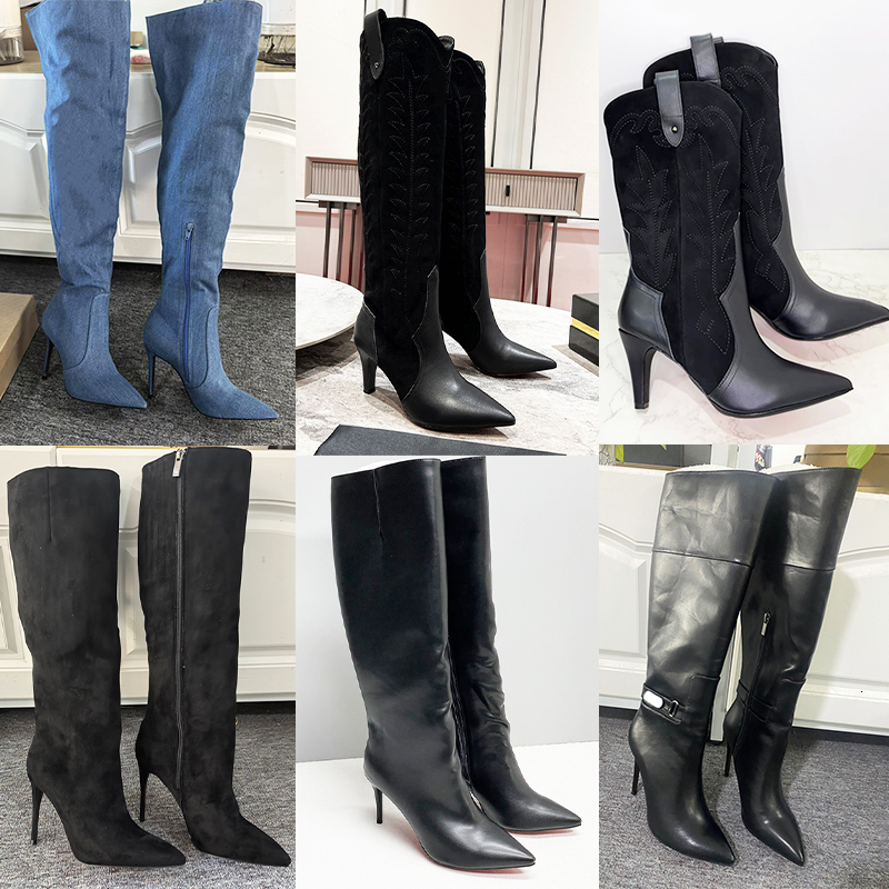 Large Size EU43 Suede Over The Knee Boots Kate Botta Leather Women Boots Stiletto Heels Zipper High Boot Pointed Toe Embroidered Winter Fashion Boot