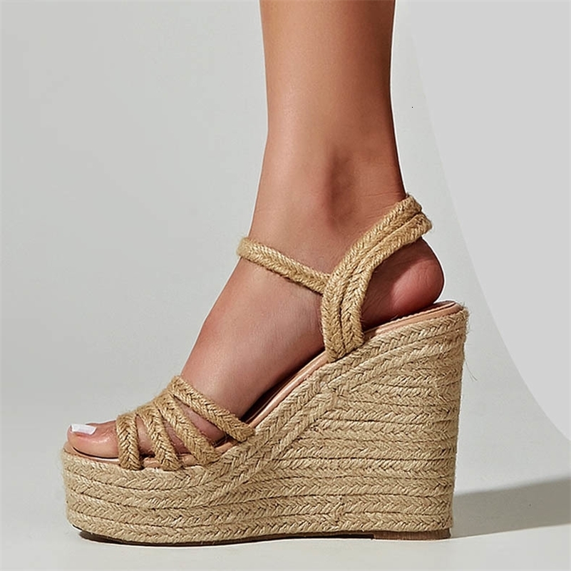 Eagsity Espadrilles printemps été bohemian coins plate-forme peep toe sandales bracelet à talon haut talon chaussures de paille décontractées pom