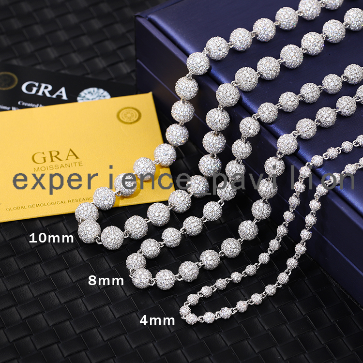 925 Solid Silver 4mm 8mm 10mm Wide Chain VVS Round Moissanite Ball Shape Cuban Link Chain for Hip Hop Jewelry