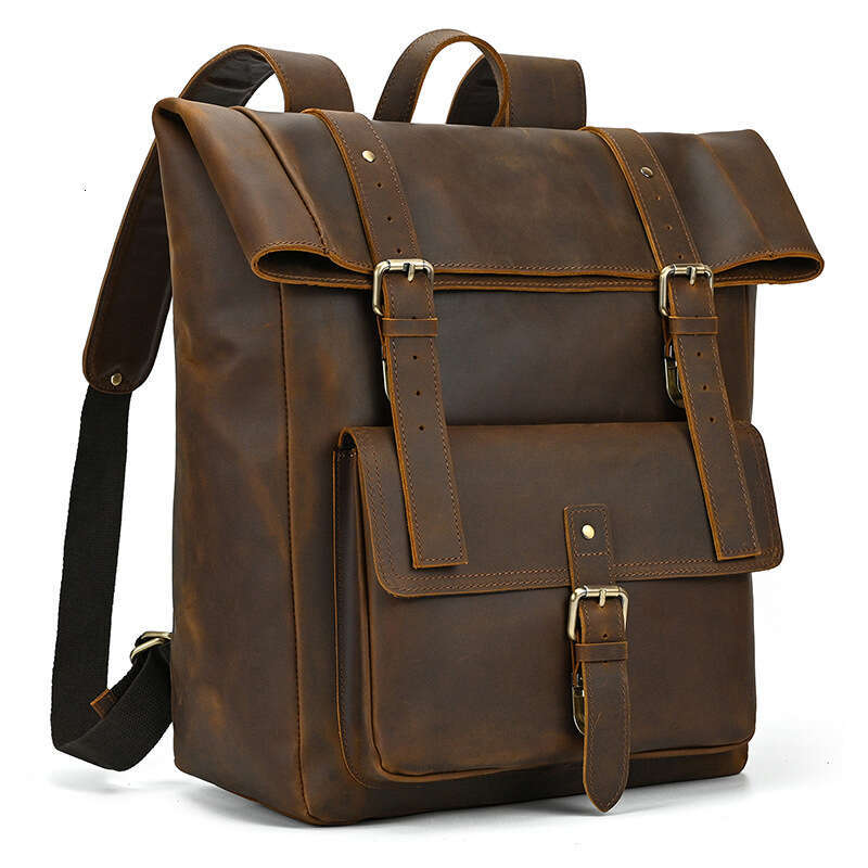 Crazy Horse Men's Genuine Leather Large Capacity Double Shoulder Outdoor Travel Hiking Backpack Laptop Bag