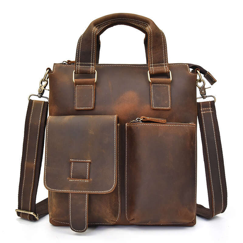 Genuine Crazy Horse Leather Business Briefcase Men's Vertical Handbag Fashionable Single Shoulder Crossbody Bag