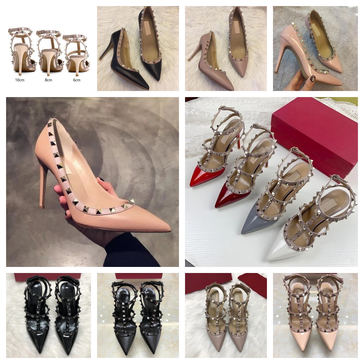 Chaussures de créateurs 2 sangles sandales rivets à talons hauts V Chaussures féminines de marque 6cm 8cm 10cm talons minces Nude Nude Black Pate