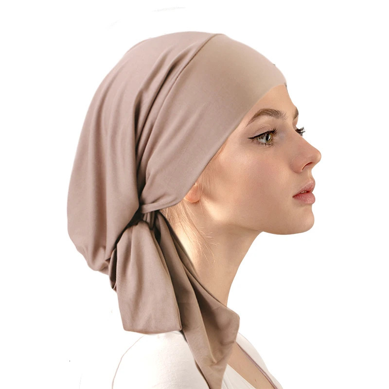 Pre-tie Solid Color Turban Ethnic Elastic Ribbon Head Scarf Islamic Bottoming Hat Fashion Beanie Hat Durags For Women Wrap Head250812