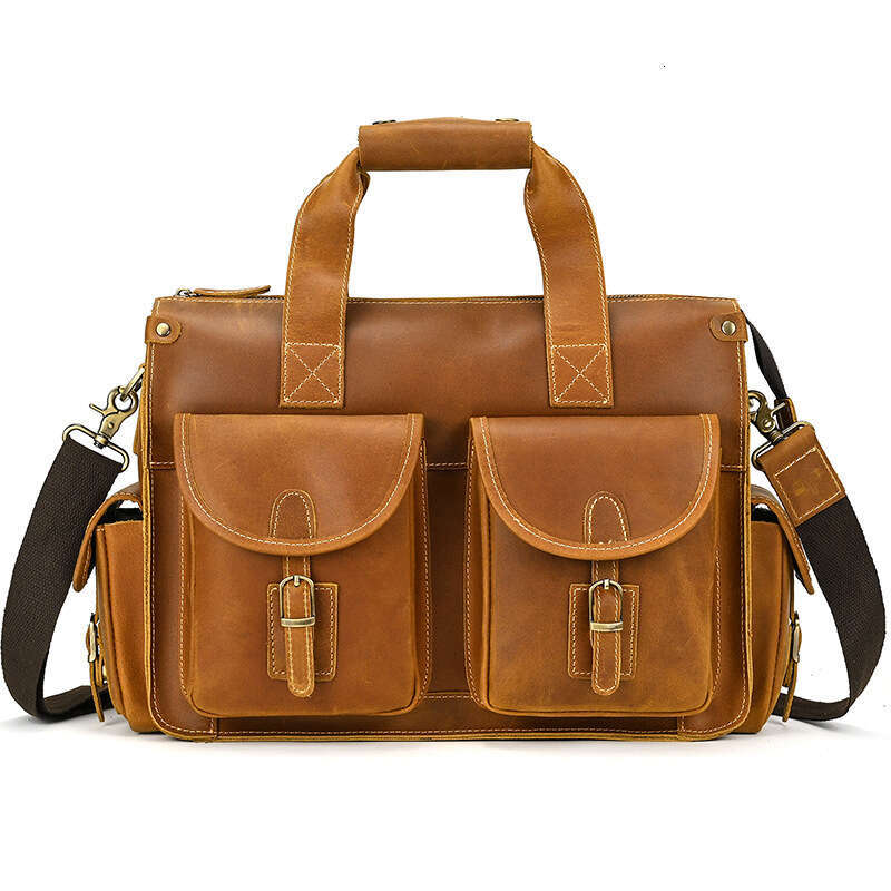 Fashion Genuine Handbag for Men Multi-Pocket Business Briefcase Laptop Crazy Horse Leather Single Shoulder Crossbody Bag