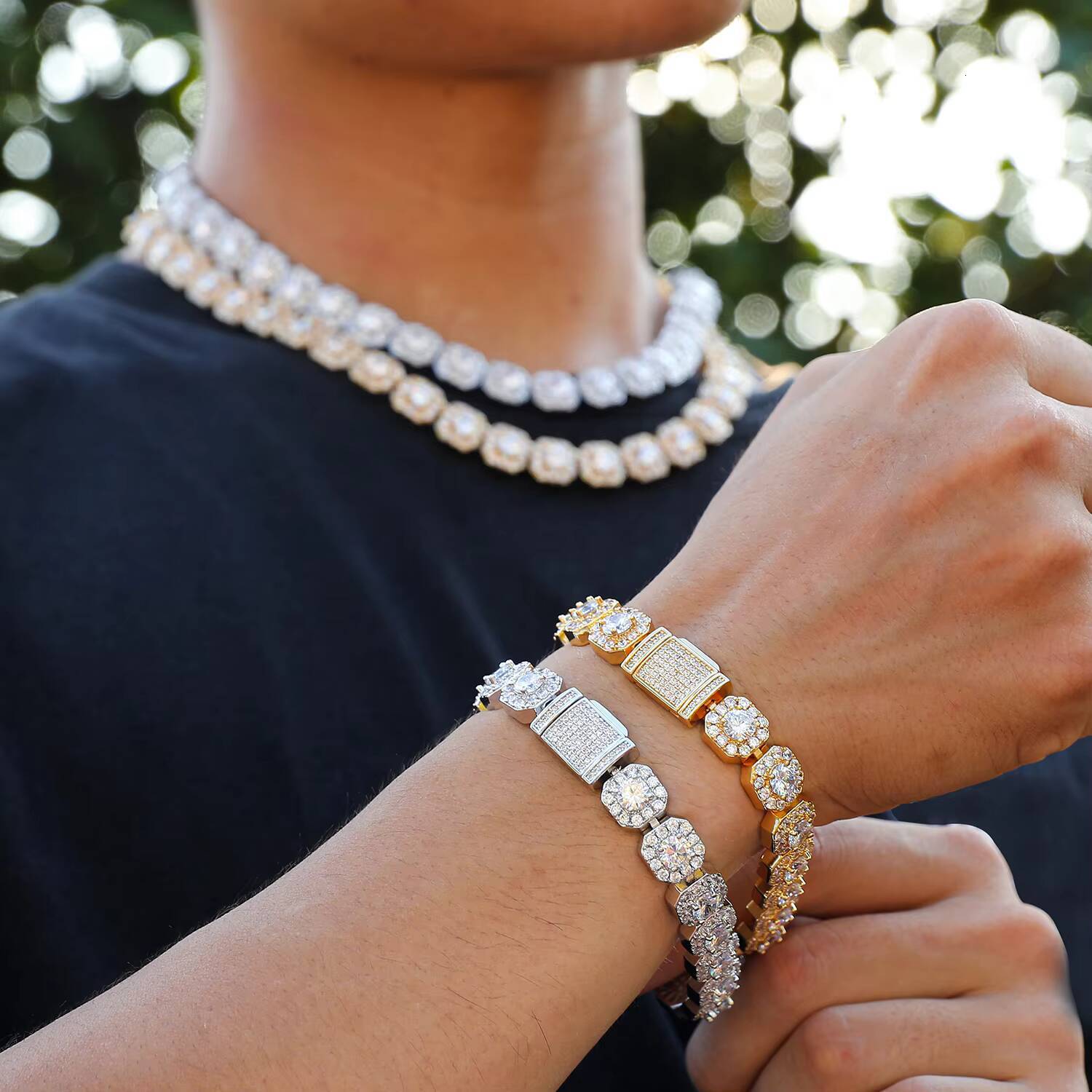 2025 New Hip Hop Jewelry 18k Gold Plated Tennis Chain Iced Out CZ Cubic Zirconia Necklace 10mm Clustered Tennis Chain Sets