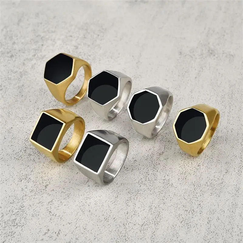 Anneau de signalisation de haute qualité pour hommes Black Square Top en acier inoxydable bande de doigt gothique punk rock boy anneaux bijoux ca